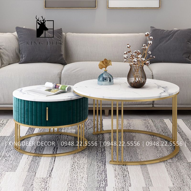 Bàn sofa Rachel đôi tròn ngăn kéo bọc nỉ, BTKD-003