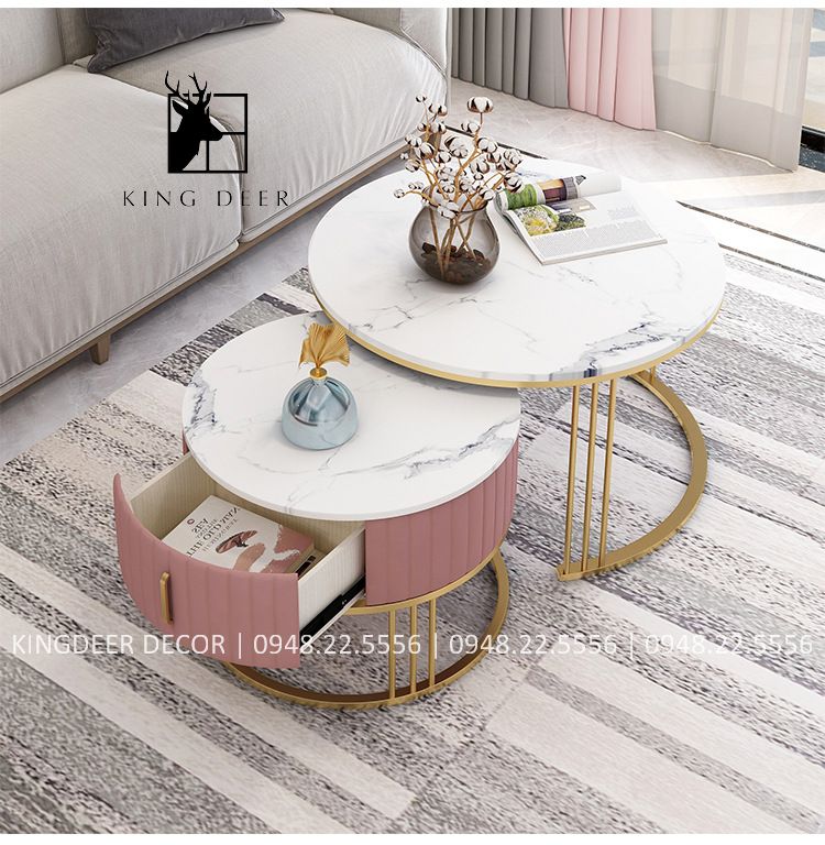 BTKD_0022 Bàn sofa Rachel đôi tròn ngăn kéo bọc nỉ, BTKD-003