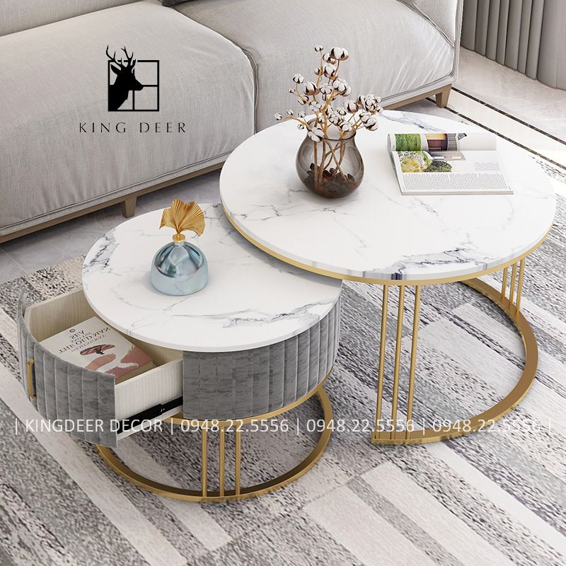 Bàn sofa Rachel đôi tròn ngăn kéo bọc nỉ, BTKD-003