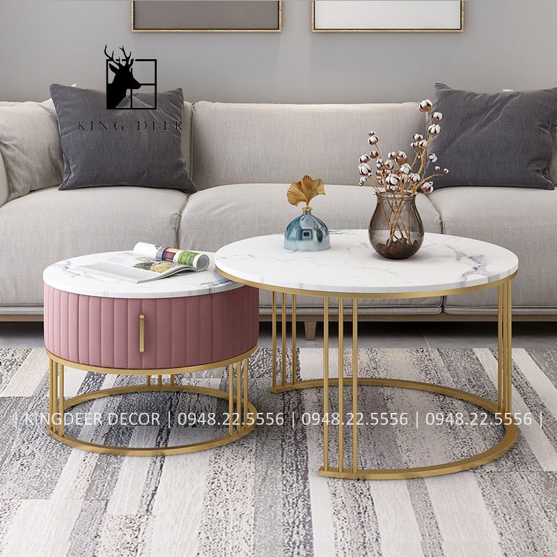 BTKD_0024 Bàn sofa Rachel đôi tròn ngăn kéo bọc nỉ, BTKD-003