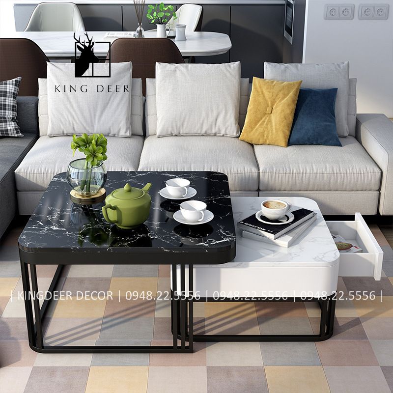 Bàn sofa Kaylee đôi vuông một ngăn kéo mặt đá, BTKD-008