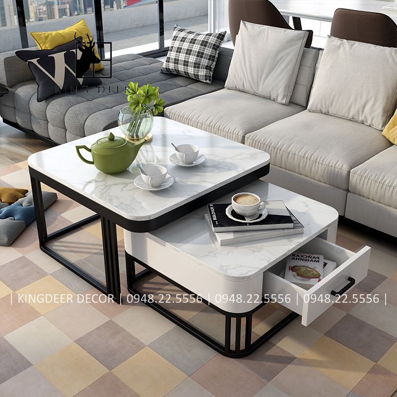 BTKD_0093 Bàn trà cặp vuông một ngăn kéo mặt đá, BTKD-008