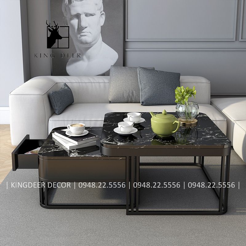 BTKD_0094 Bàn trà cặp vuông một ngăn kéo mặt đá, BTKD-008