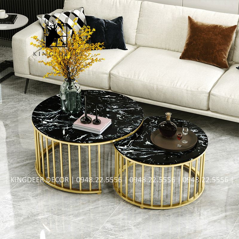 Bàn trà cặp tròn chân đa nan mặt đá