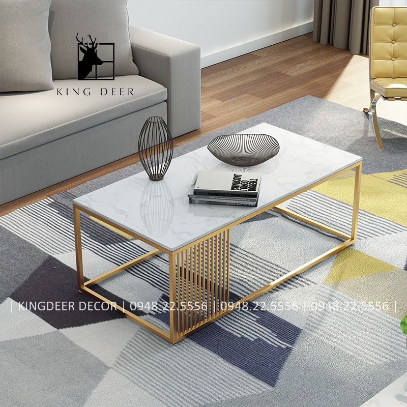 Bàn trà chữ nhật, chân sắt mặt đá marble