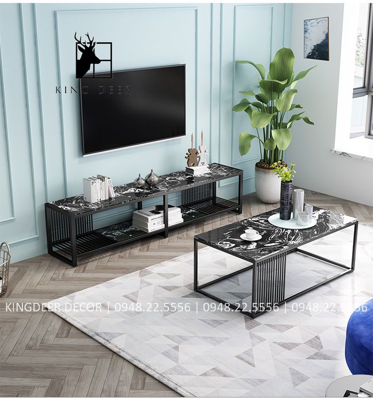 Bàn trà chữ nhật, chân sắt mặt đá marble