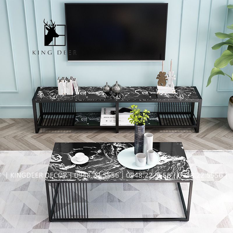 BTKD_0264 Bàn trà chữ nhật, chân sắt mặt đá marble