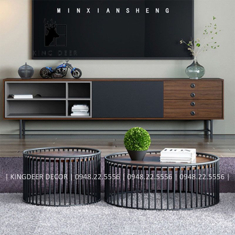 BTKD_0321 Bàn sofa cặp tròn chân đa nan, mặt gỗ hiện đại