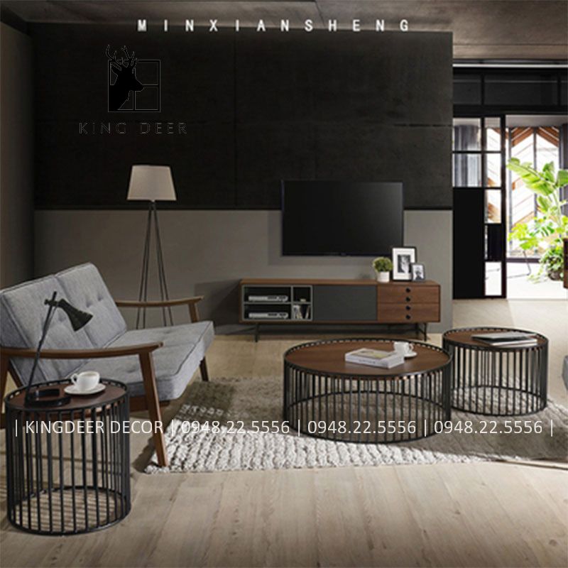 Bàn sofa cặp tròn chân đa nan, mặt gỗ hiện đại