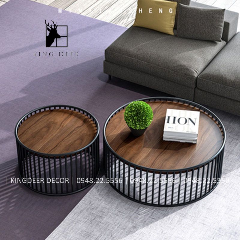 Bàn sofa cặp tròn chân đa nan, mặt gỗ hiện đại