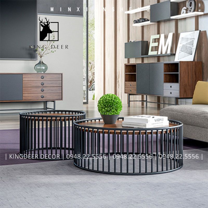 BTKD_0324 Bàn sofa cặp tròn chân đa nan, mặt gỗ hiện đại