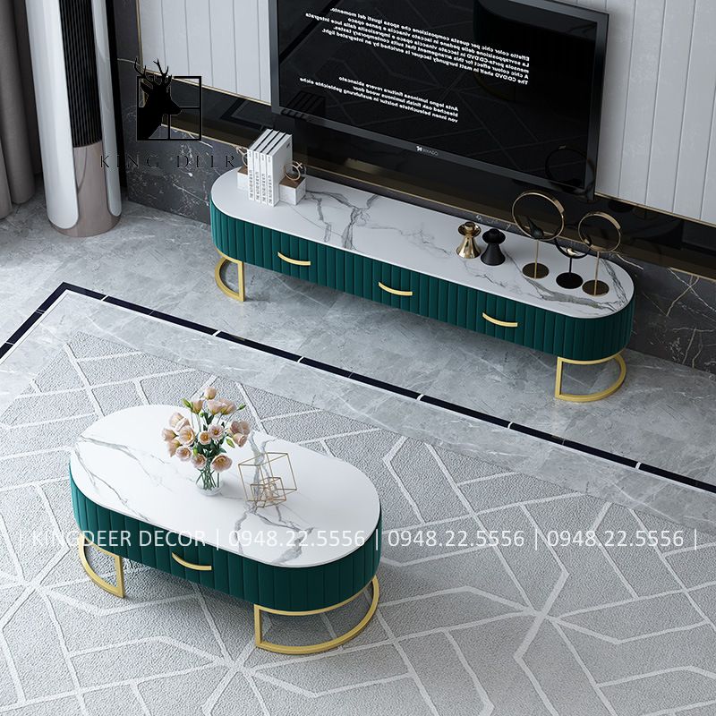 BTKD_0492 Bàn sofa Lauren bầu dục hiện đại ngăn kéo bọc nỉ, BTKD-039