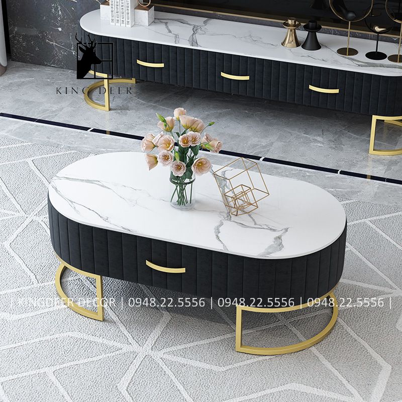 BTKD_0493 Bàn sofa Lauren bầu dục hiện đại ngăn kéo bọc nỉ, BTKD-039