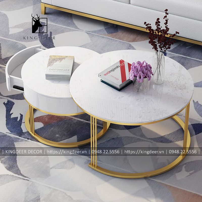 BTKD_0772 bàn trà cặp tròn 1 ngăn kéo, chân 3 nan