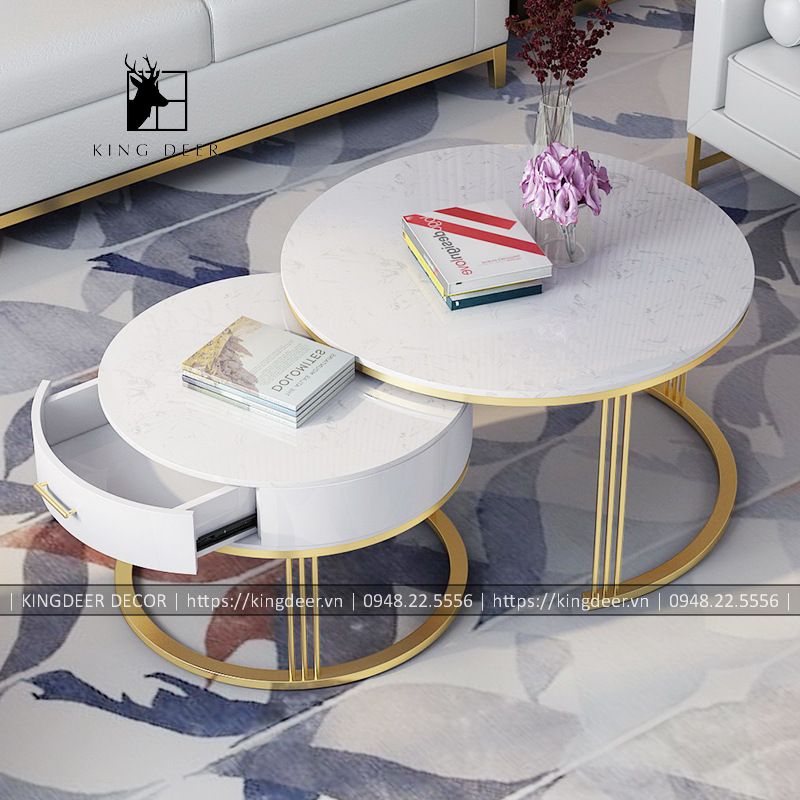 bàn trà cặp tròn 1 ngăn kéo, chân 3 nan