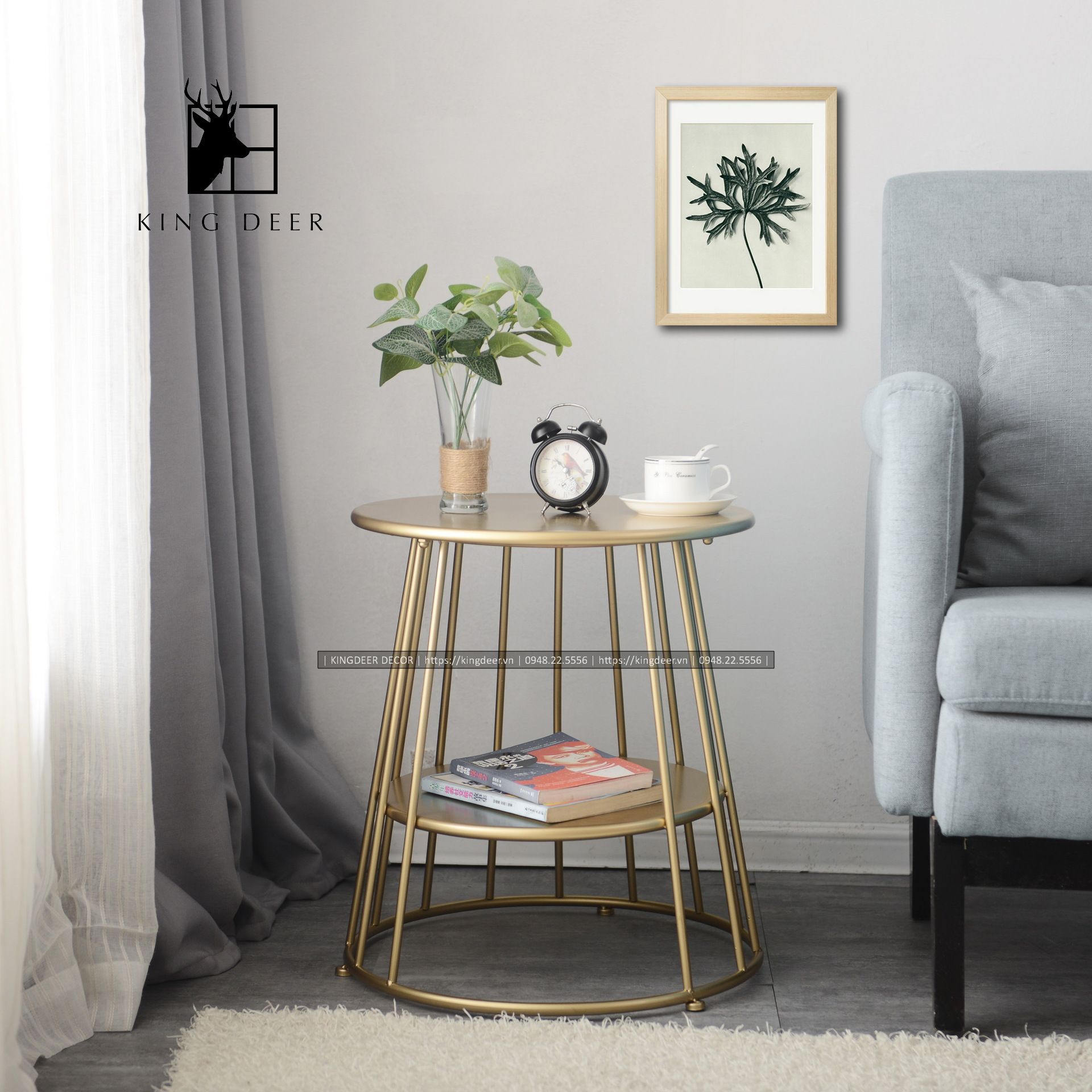 Bàn góc sofa 2 tầng sơn tĩnh điện màu vàng đồng