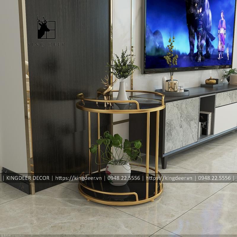 bàn góc sofa mặt đá trắng vân mây 2 tầng, BGKD-013