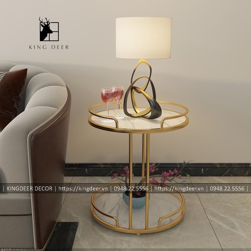 bàn góc sofa mặt đá trắng vân mây 2 tầng, BGKD-013